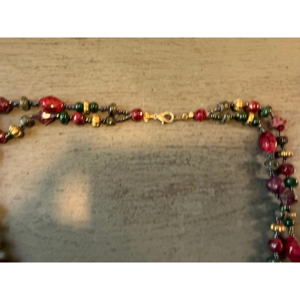 Vintage Multi Strand Beaded Necklace Red Green Gold Tone Jewel Tone 24 Inch